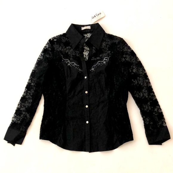 Black Shirt L Lace Long Sleeve & back Fitted Silver Rhinestone Buttons Excellent - Picture 1 of 12